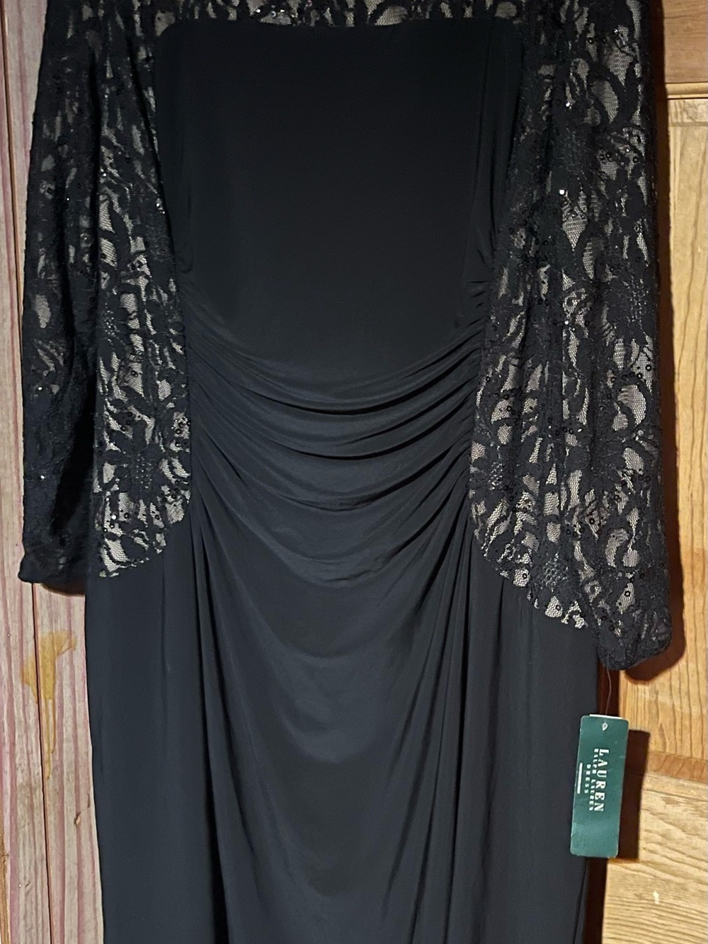 NWT Lauren Ralph Lauren Black Jersey Sequin Lace Ruched Dress 22W Holiday